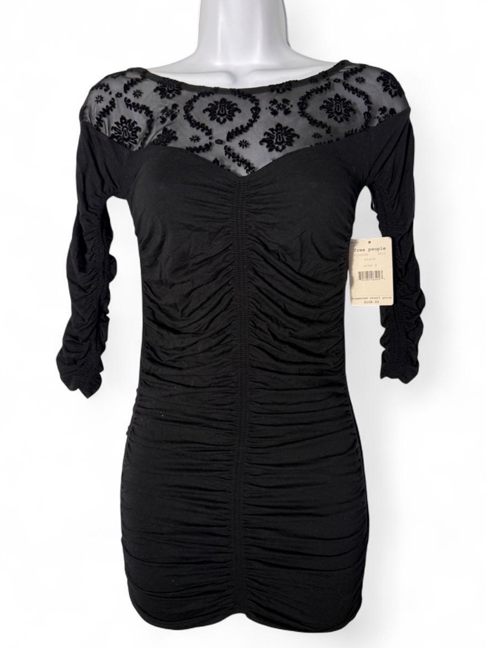 Free People Black Ruched Sheer Yoke Bodycon Dress with Embroidered Mesh
